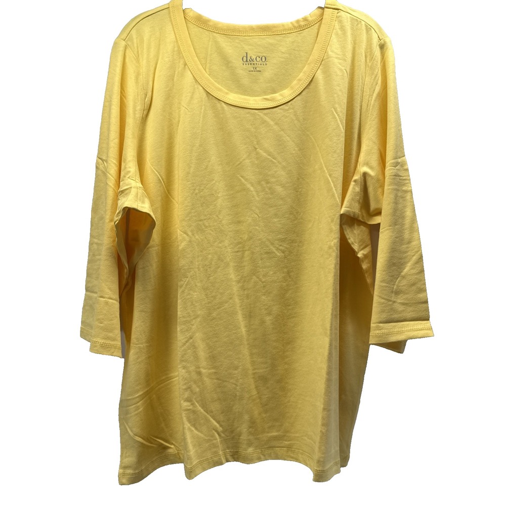 Denim & Co Women Top Size 1X Plus Yellow 3/4 Sleeve Cotton Pullover A10887